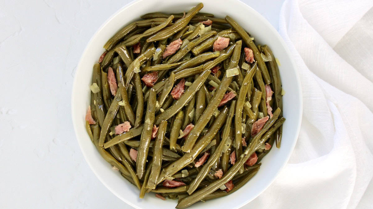 Slow Cooker Southern Green Beans in white bowl