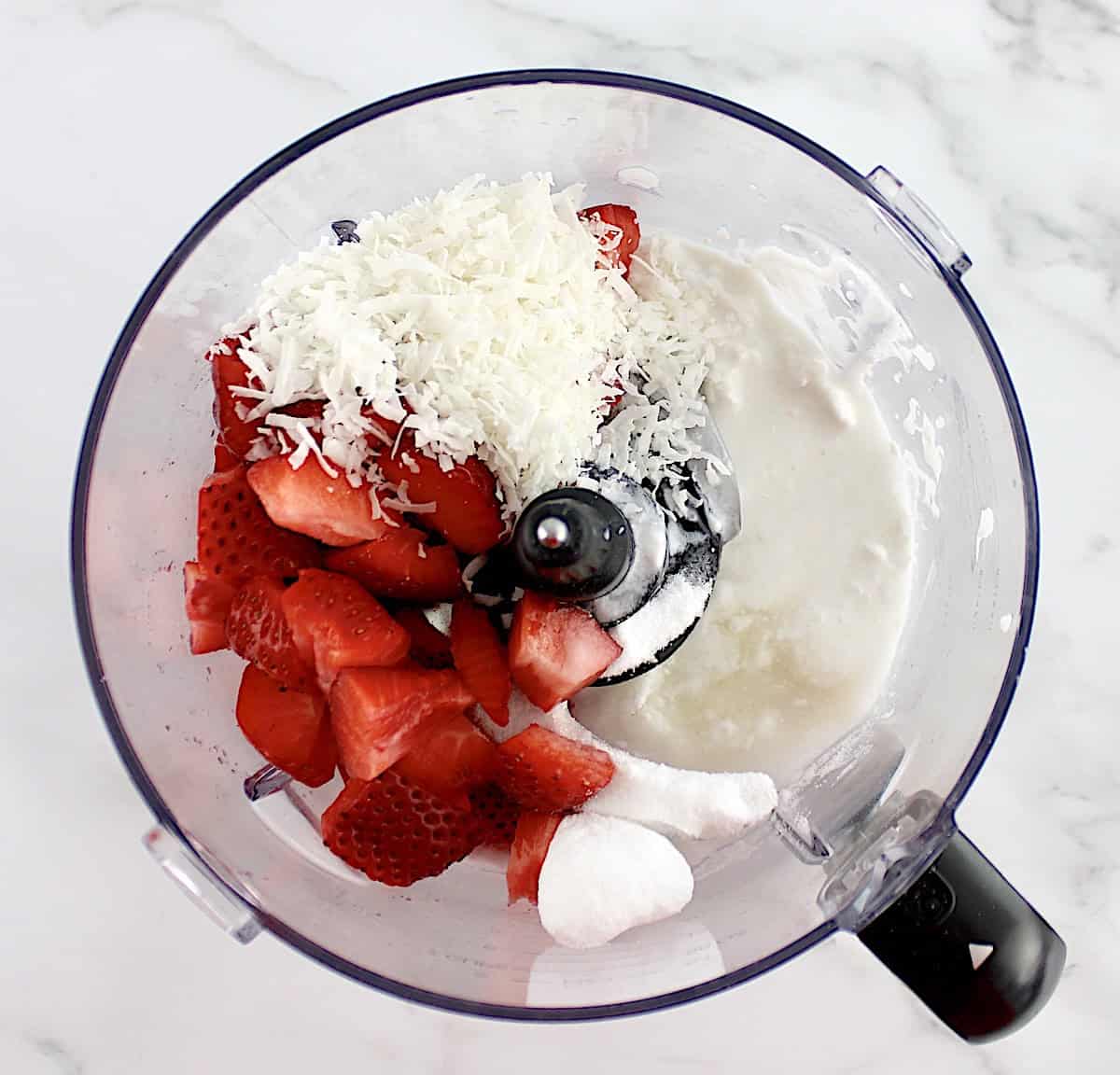 Strawberry Coconut Cream Popsicles ingredients in food processor unmixed