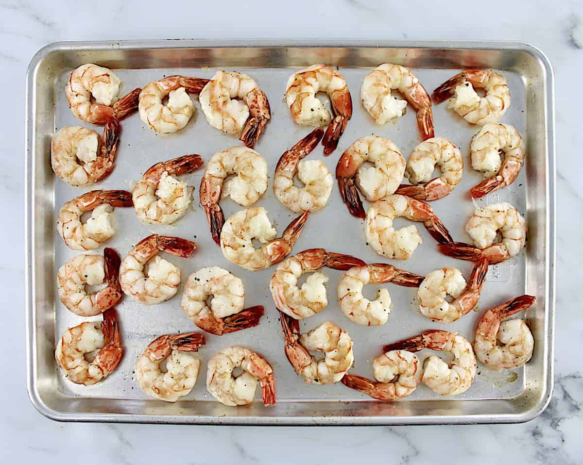 roasted shrimp on baking sheet