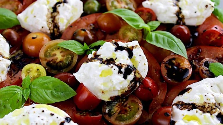 burrata caprese salad with balsamic glaze on top