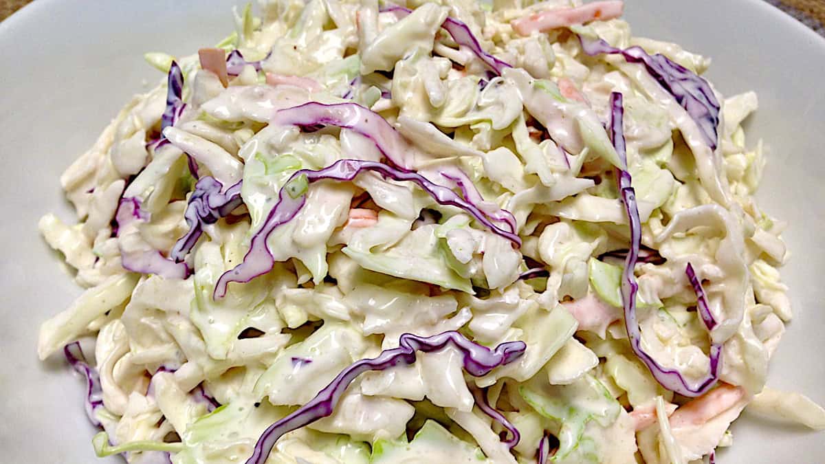 closeup of Easy Keto Coleslaw in white bowl