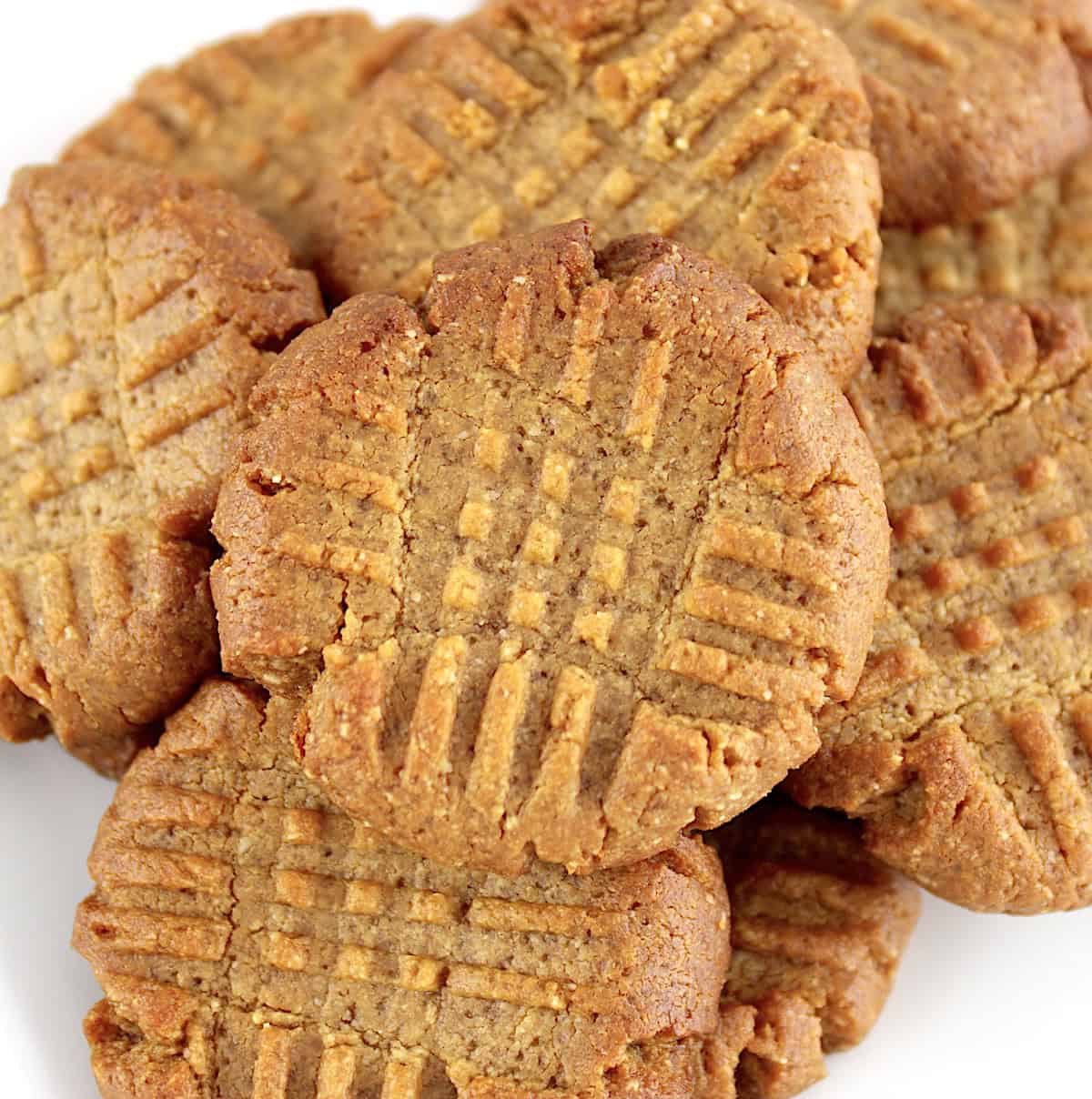 closeup overhead view of Easy Peanut Butter Cookies on white plate