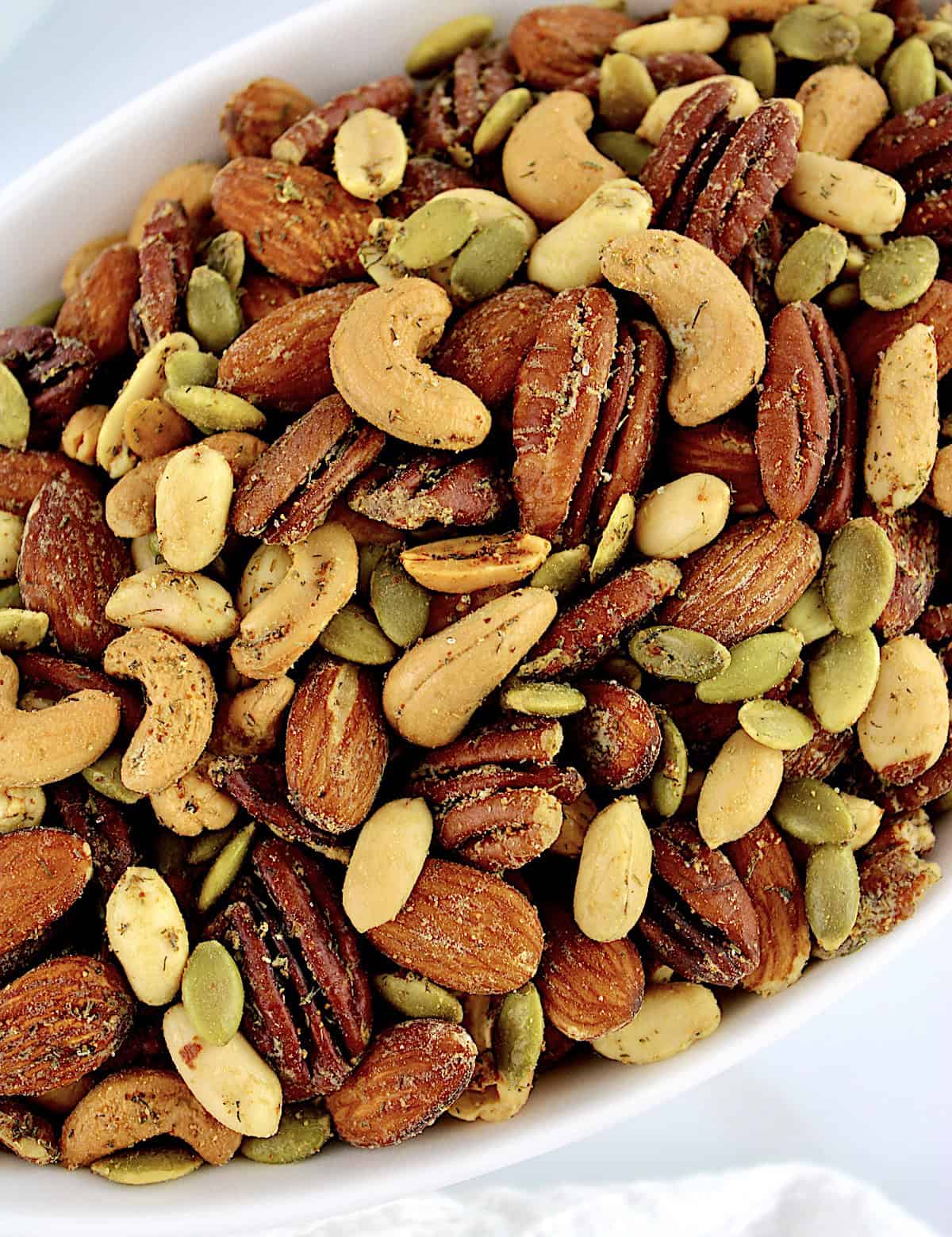 closeup of Ranch Roasted Nuts in white bowl