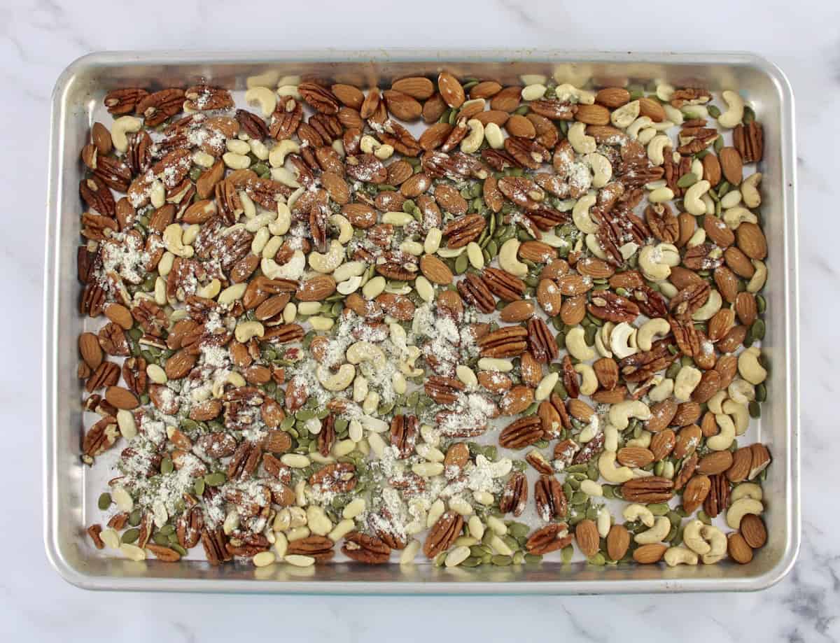 Ranch Roasted Nuts on baking sheet uncooked