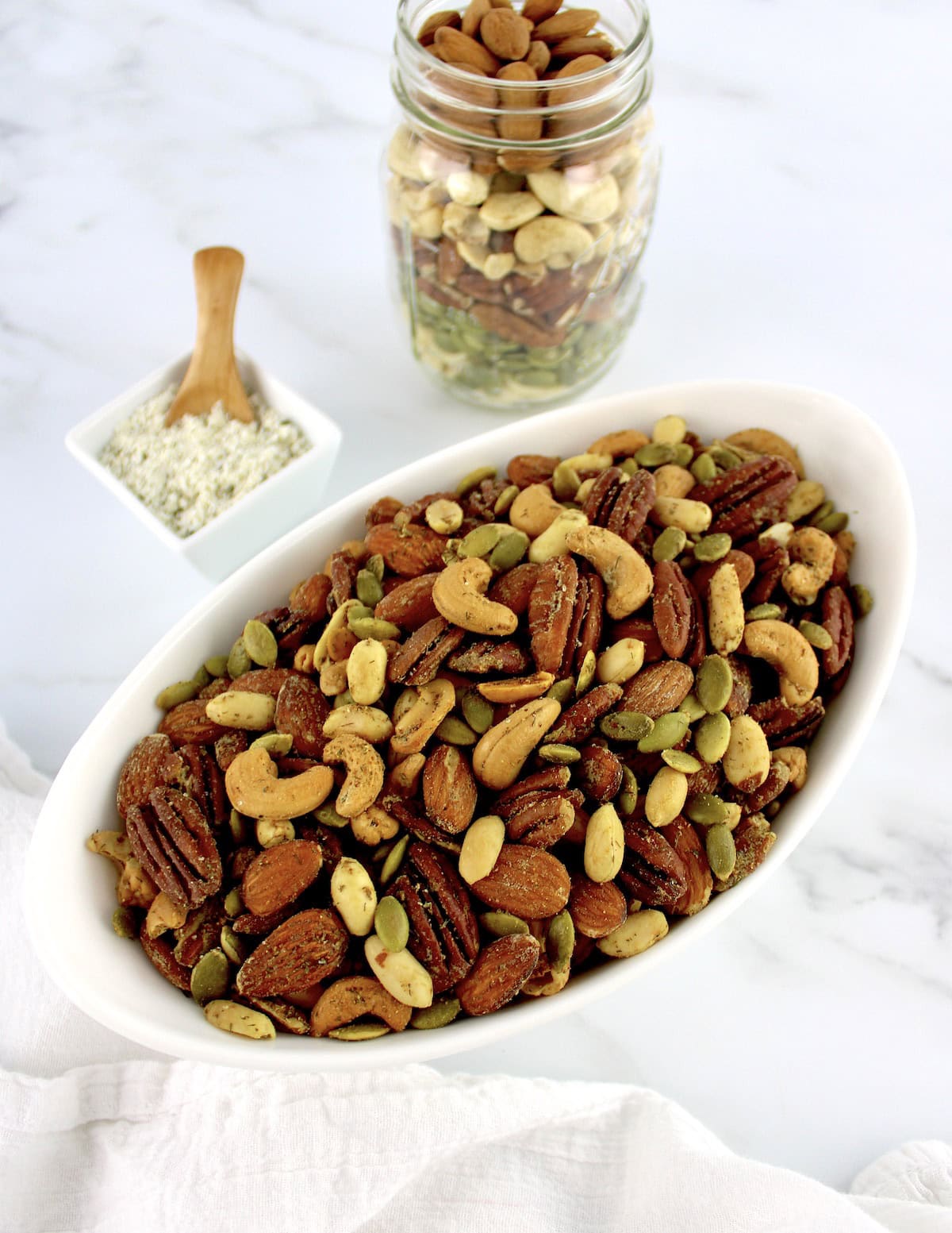 Ranch Roasted Nuts in white oval bowl