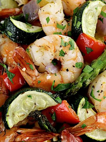 closeup of Sheet Pan Shrimp and Veggies in white bowl