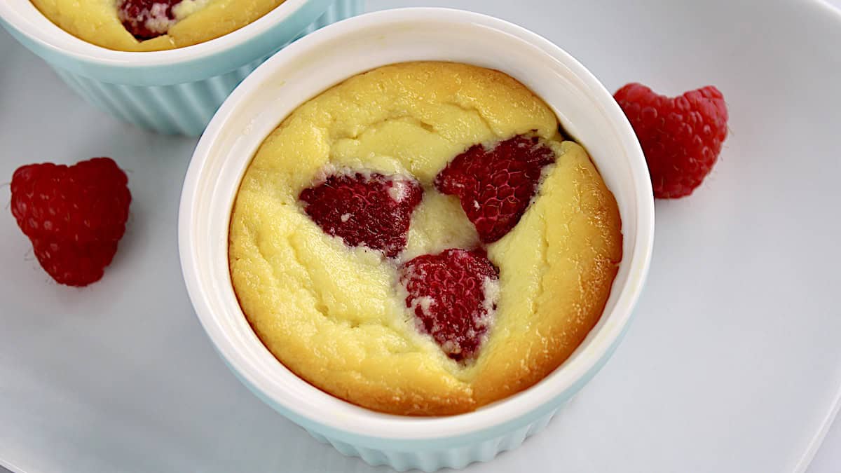 closeup overhead view of Baked Ricotta Pudding in ramekin