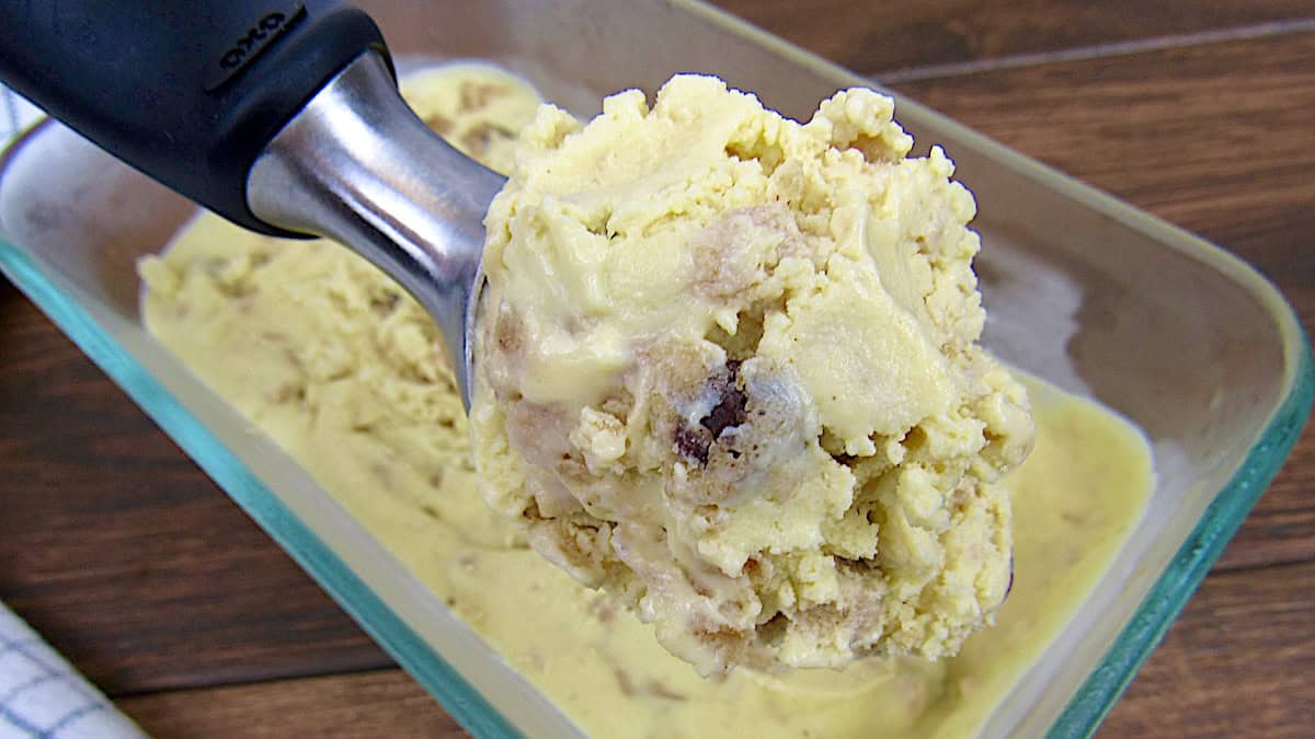 cookie dough ice cream closeup of spoon