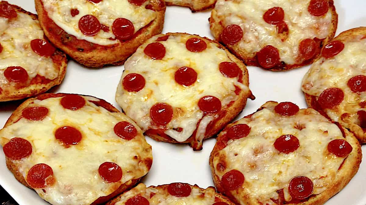 Pepperoni Pizza Bagels on white plate