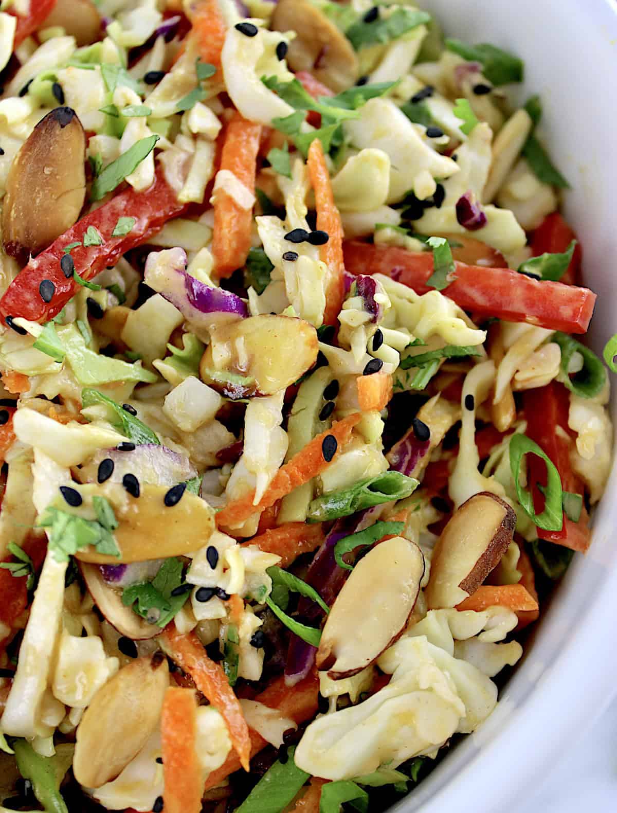 closeup of Peanut Ginger Slaw in white bowl