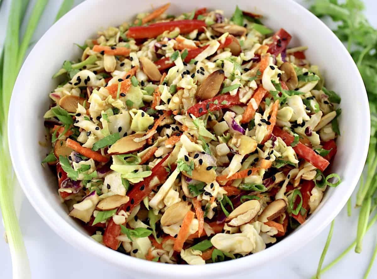 closeup of Peanut Ginger Slaw in white bowl