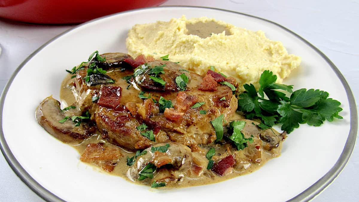 pork chop with mushroom gravy and mashed cauliflower