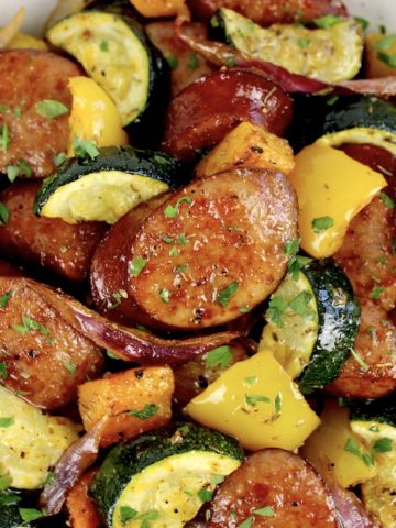 closeup of Sheet Pan Sausage and Veggies