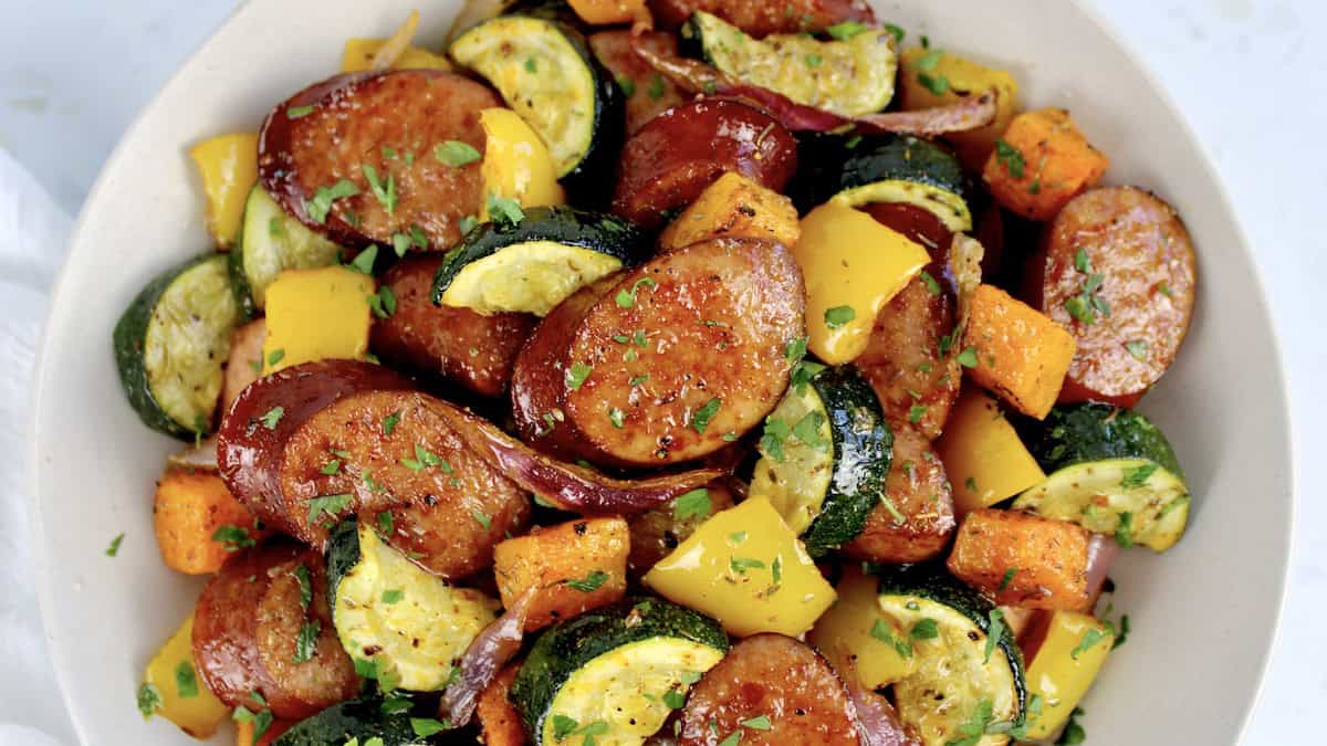 closeup of Sheet Pan Sausage and Veggies