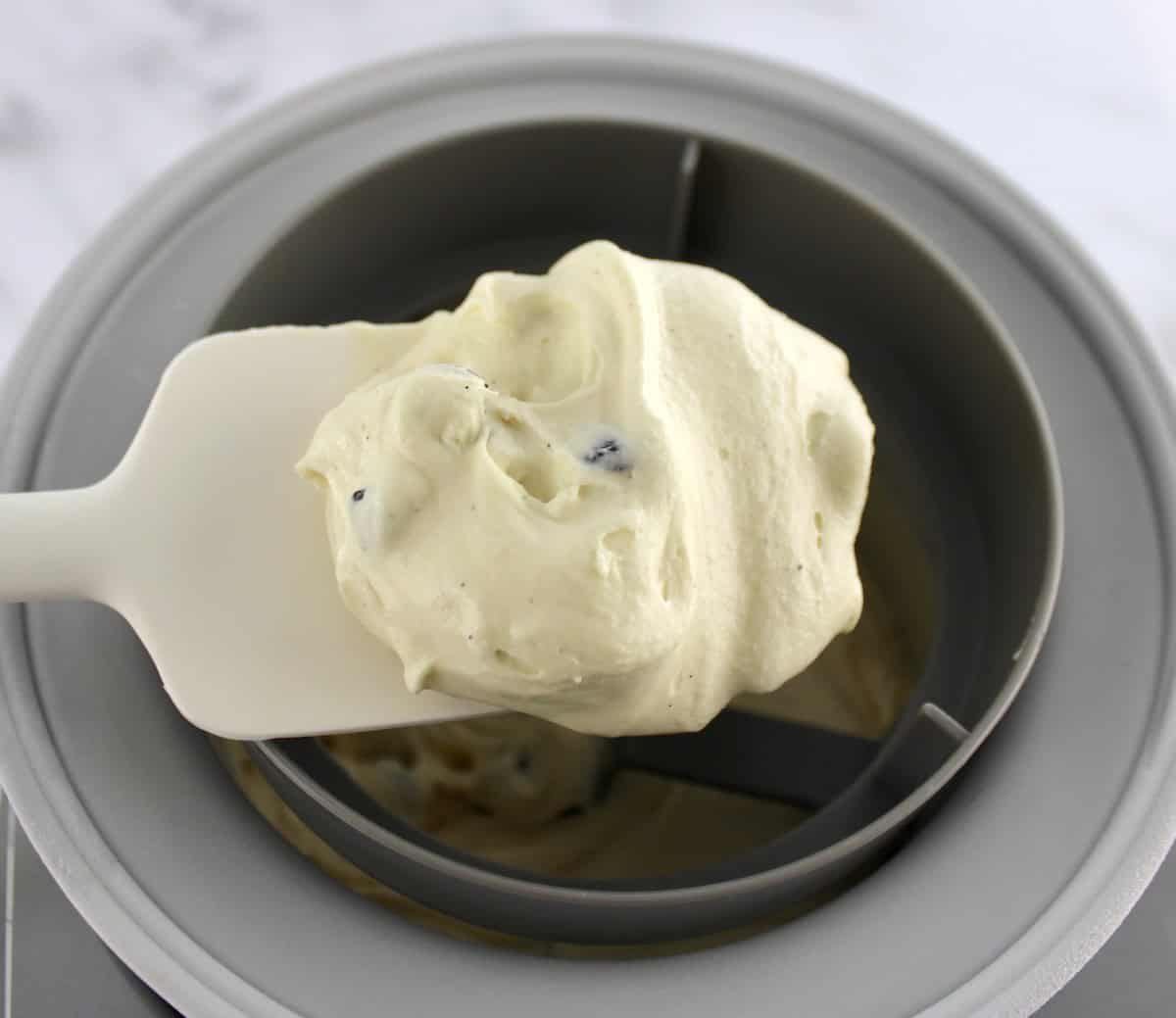 Vanilla Chocolate Chip Ice Cream in white spoon held over ice cream maker