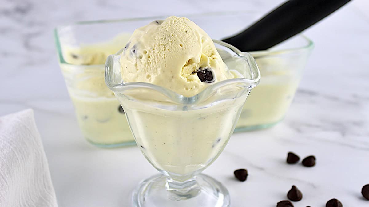 Vanilla Chocolate Chip Ice Cream in glass dish with more ice cream and scooper in back