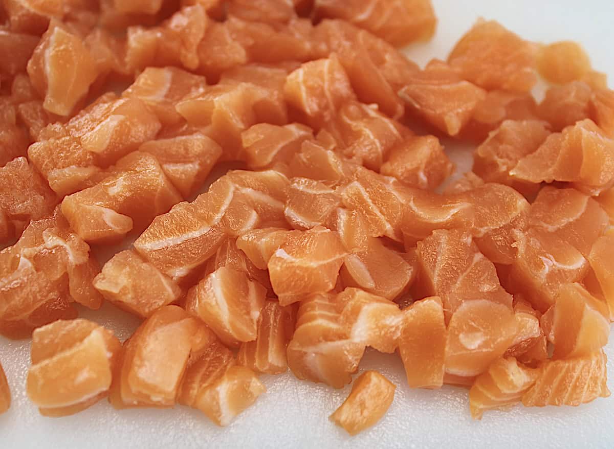 closeup of diced salmon