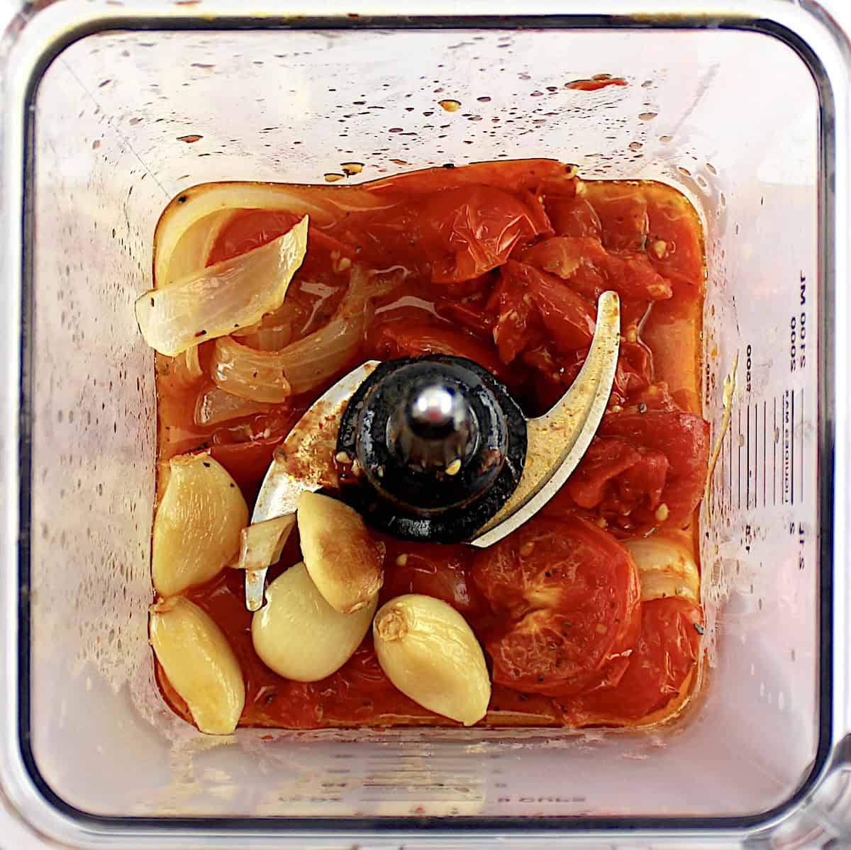 roasted tomatoes, onions and garlic cloves in blender unmixed