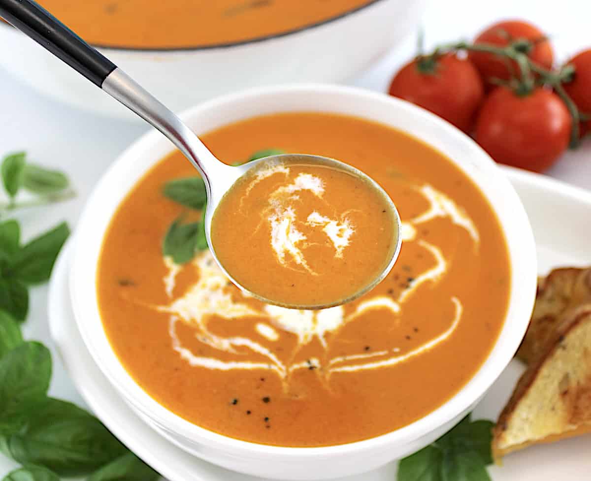 Tomato Bisque in white bowl with spoonful held up over the bowl