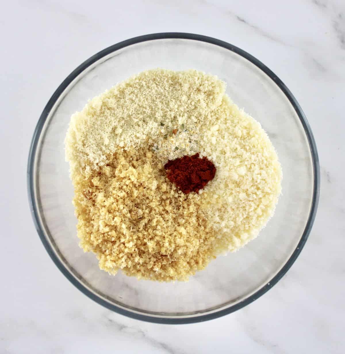 Air Fryer Onion Rings breading ingredients in glass bowl unmixed