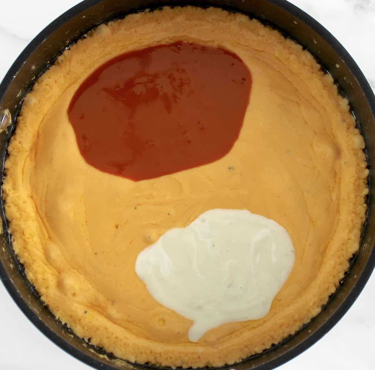 Buffalo Cheese Sauce and Dip ingredients with blue cheese and buffalo sauce in saucepan