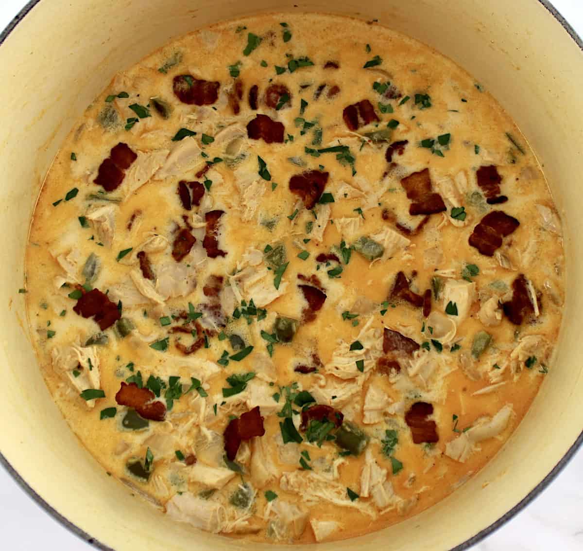 Jalapeño Popper Chicken Soup in pot with chopped parsley garnish