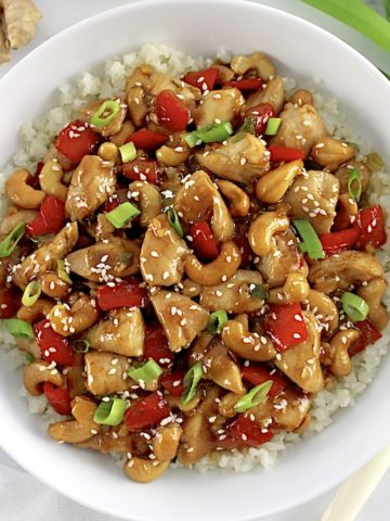 overhead view of Cashew Chicken in white bowl