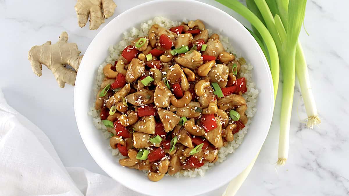 overhead view of Cashew Chicken in white bowl