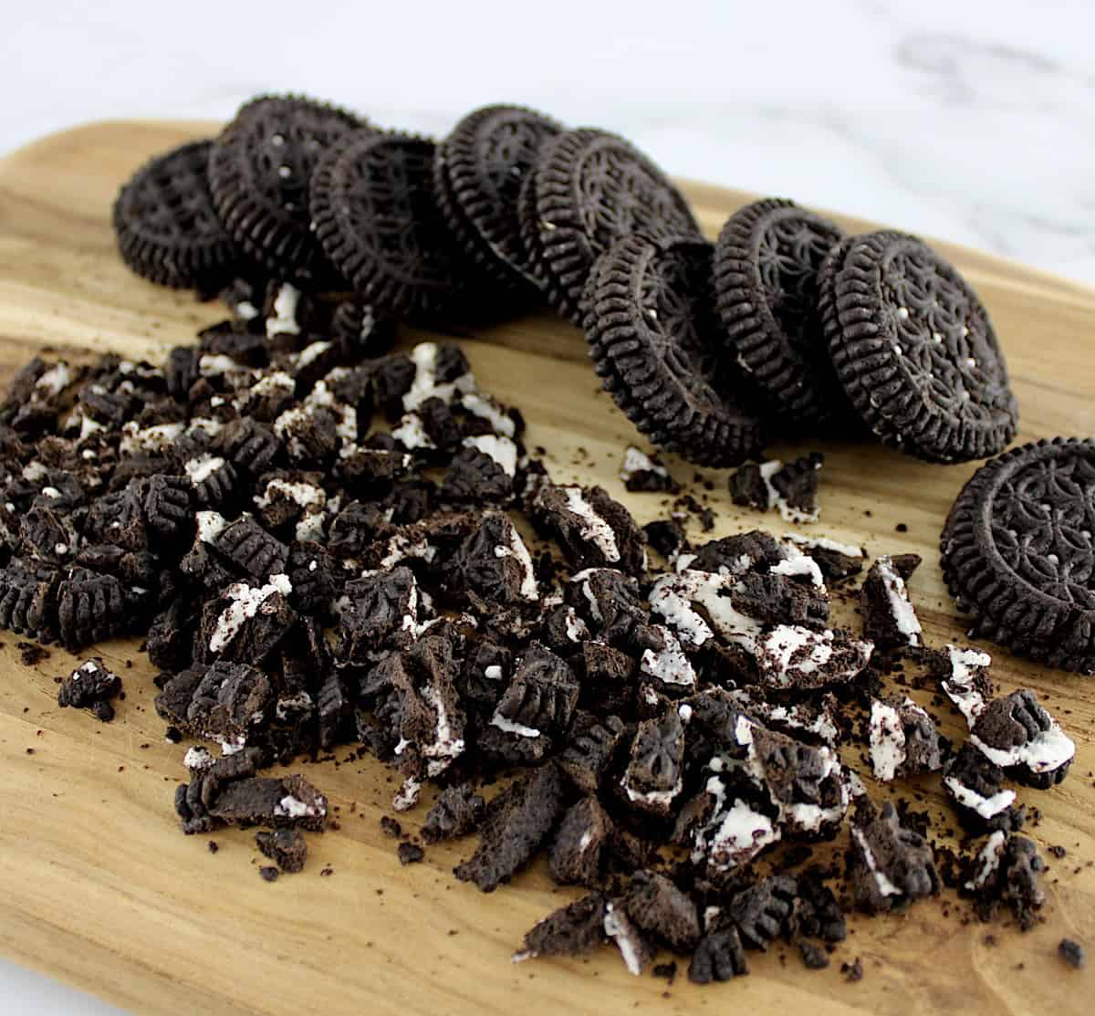 chopped sugar free chocolate sandwich cookies on cutting board