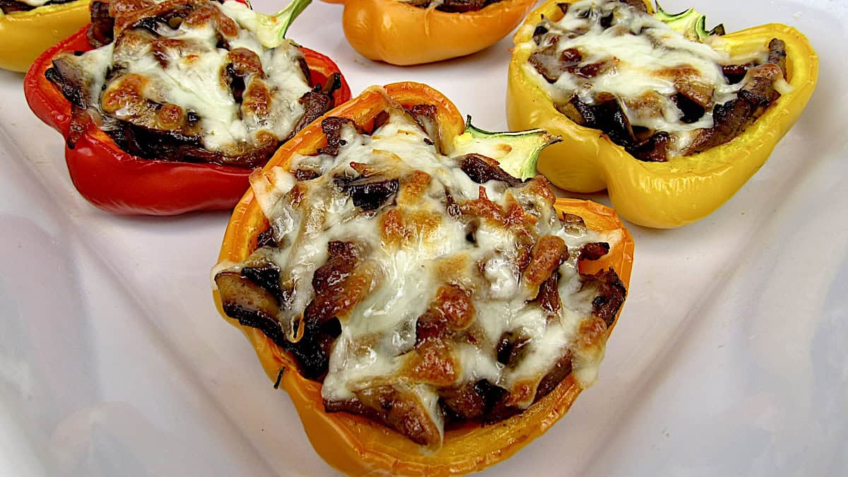 closeup of stuffed orange bell pepper