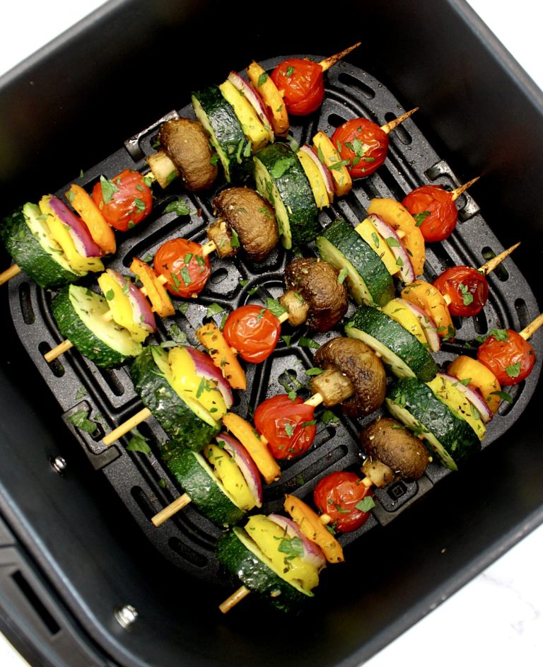 Air Fryer Veggie Kebabs in air fryer basket