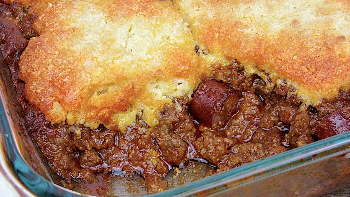 closeup of Chili Cheese Dog Casserole