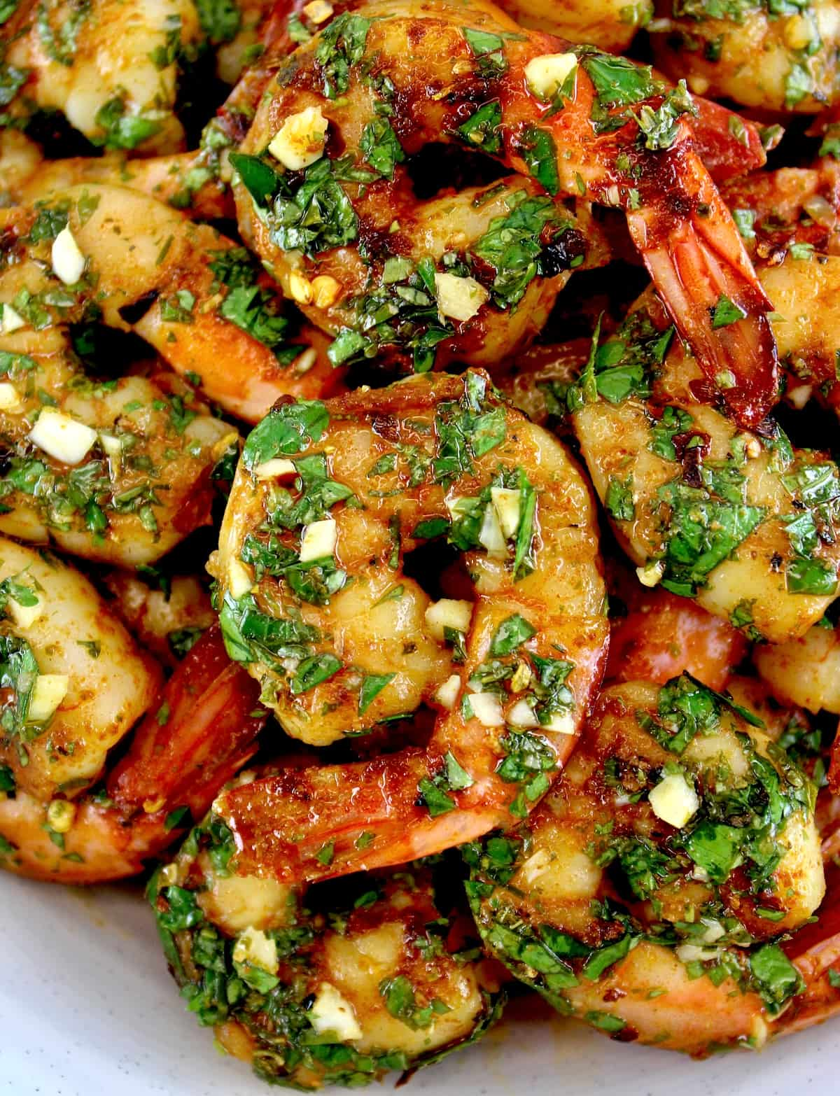 closeup of Chimichurri Shrimp in white bowl