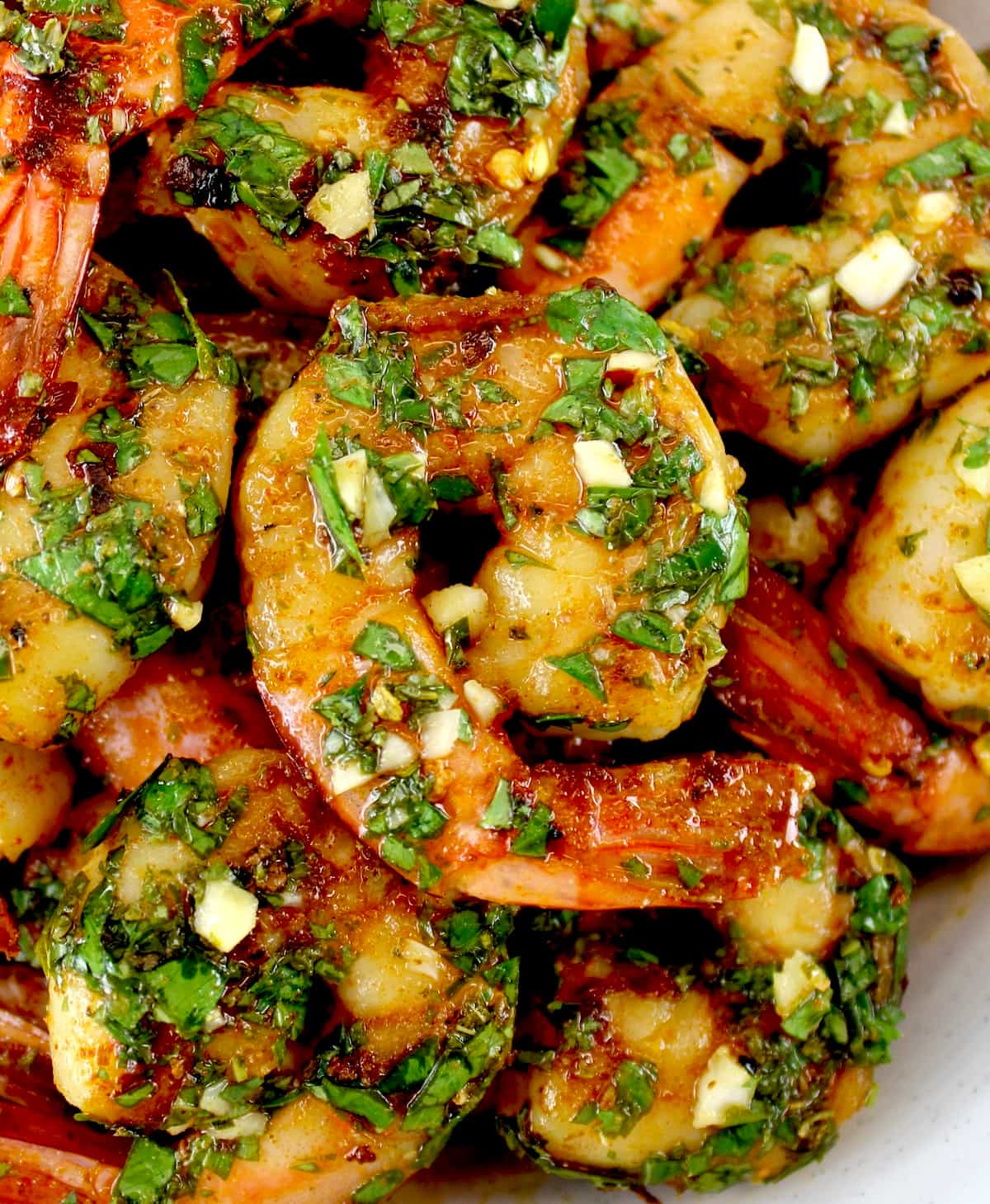 closeup of Chimichurri Shrimp in white bowl