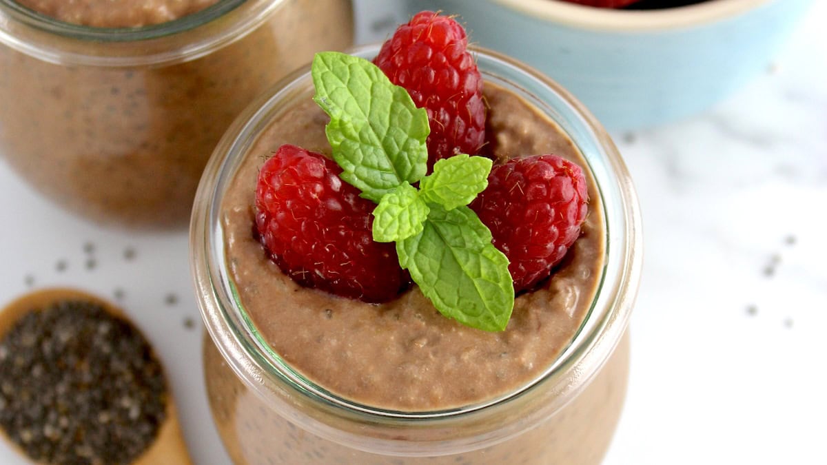 Chocolate Chia Seed Pudding closeup in glass jar