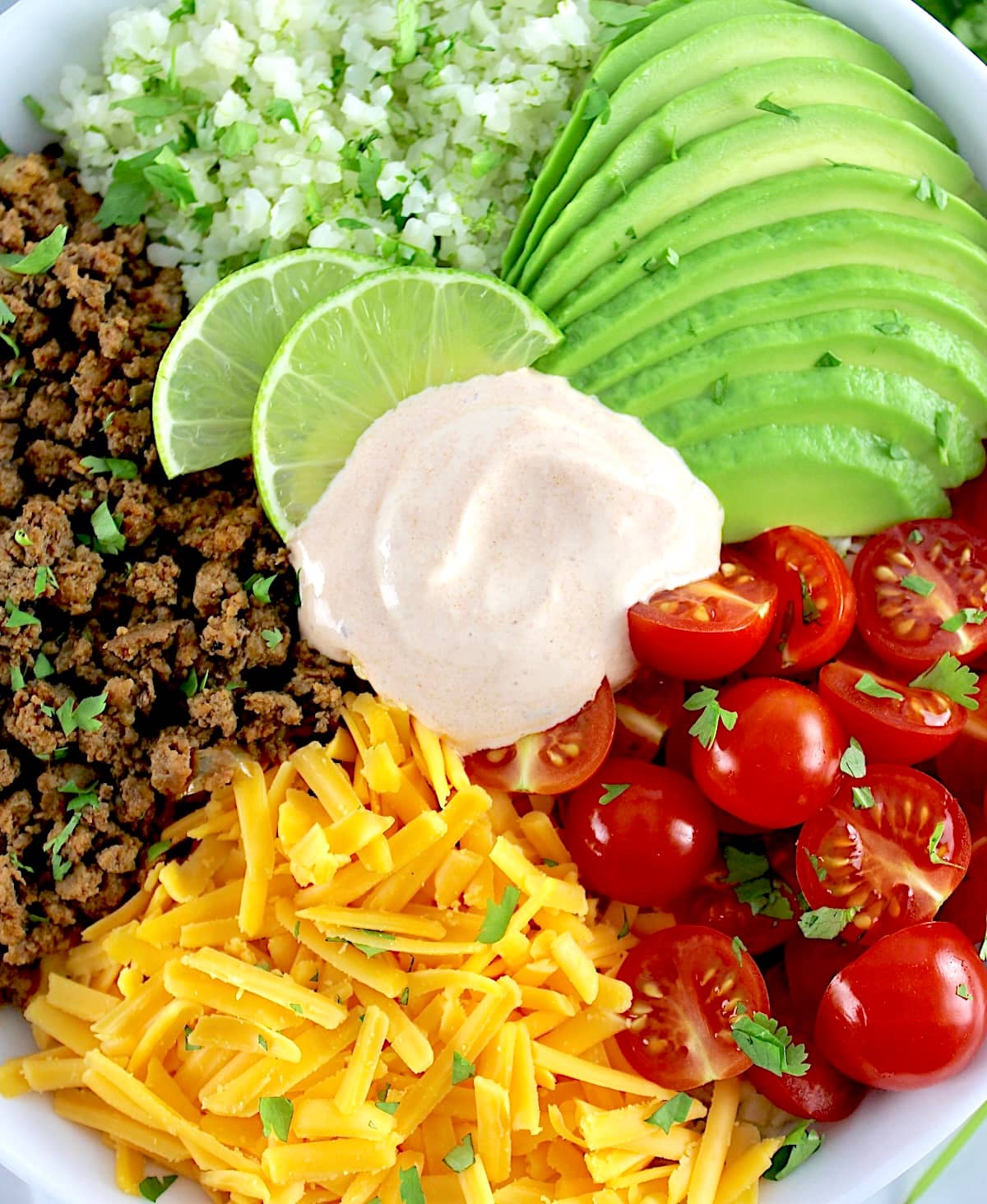 closeup of Keto Burrito Bowl with chipotle aioli in center