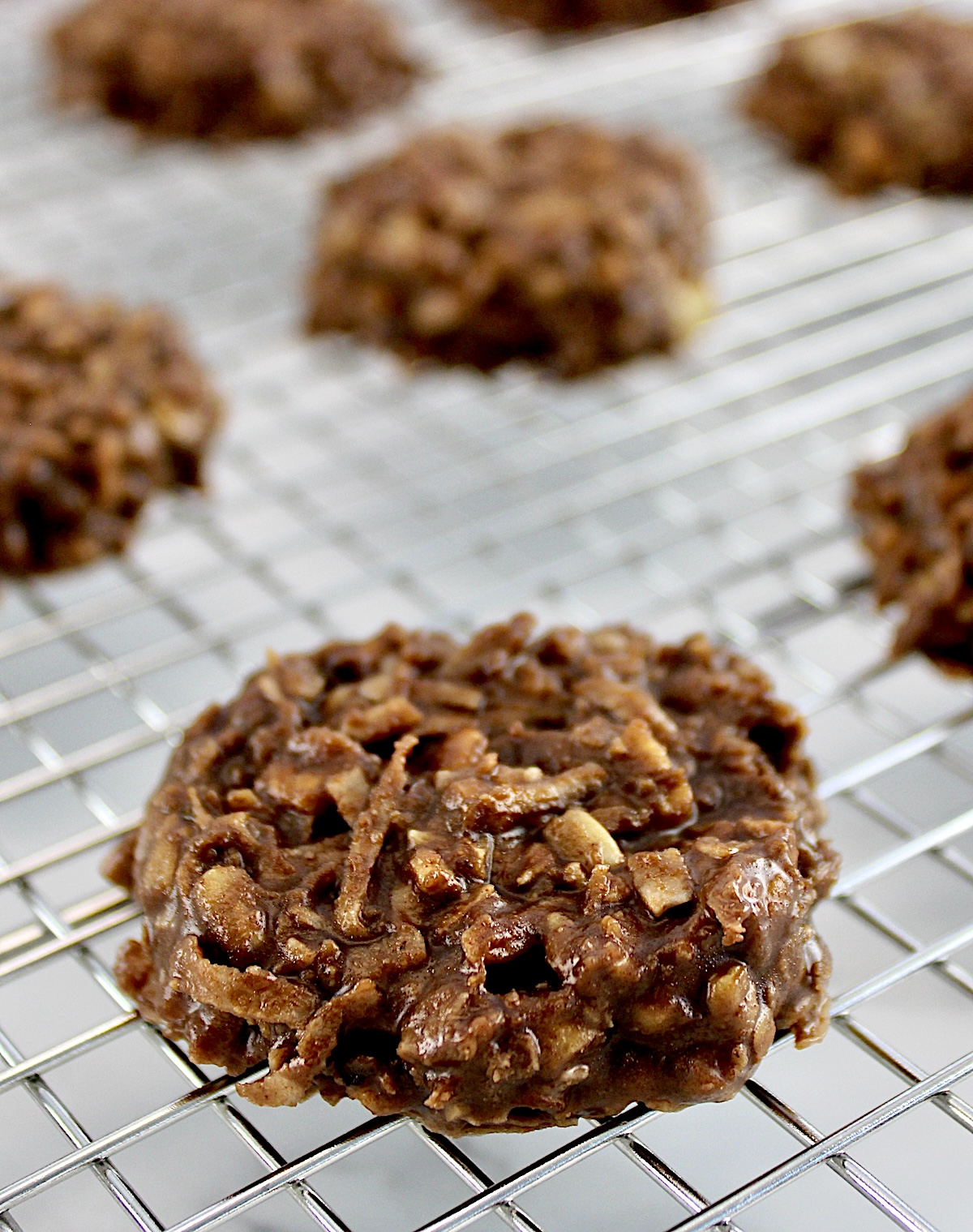 closeup of No-Bake Keto Cookies on cooling rack