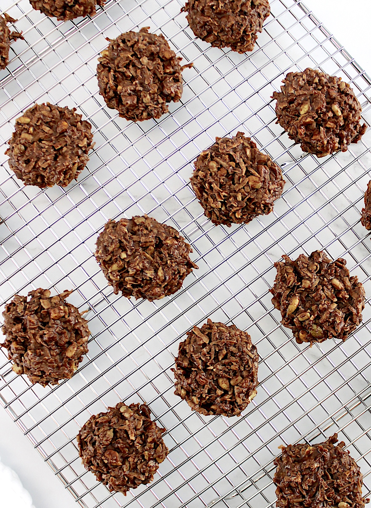 overhead view of No-Bake Keto Cookies on cooling rack