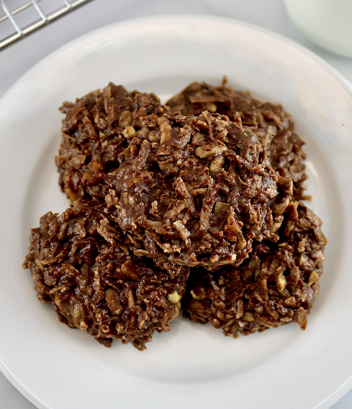 closeup of No-Bake Keto Cookies on white plate