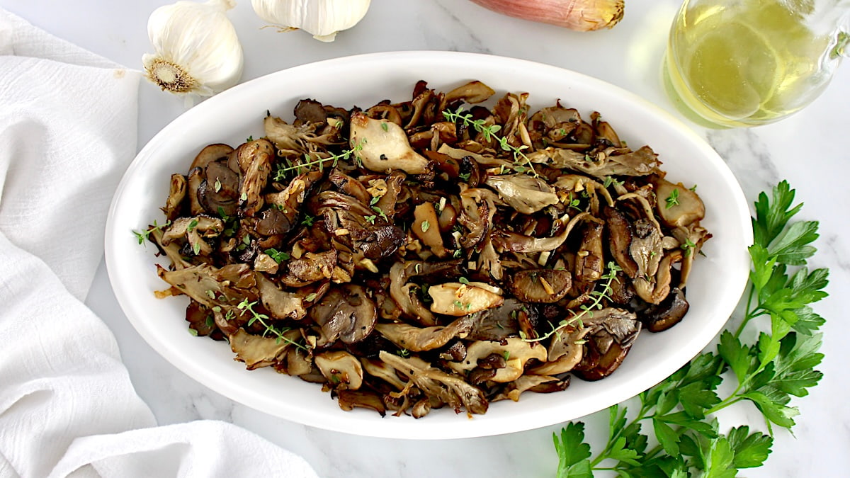 sauteed mushroom on white platter