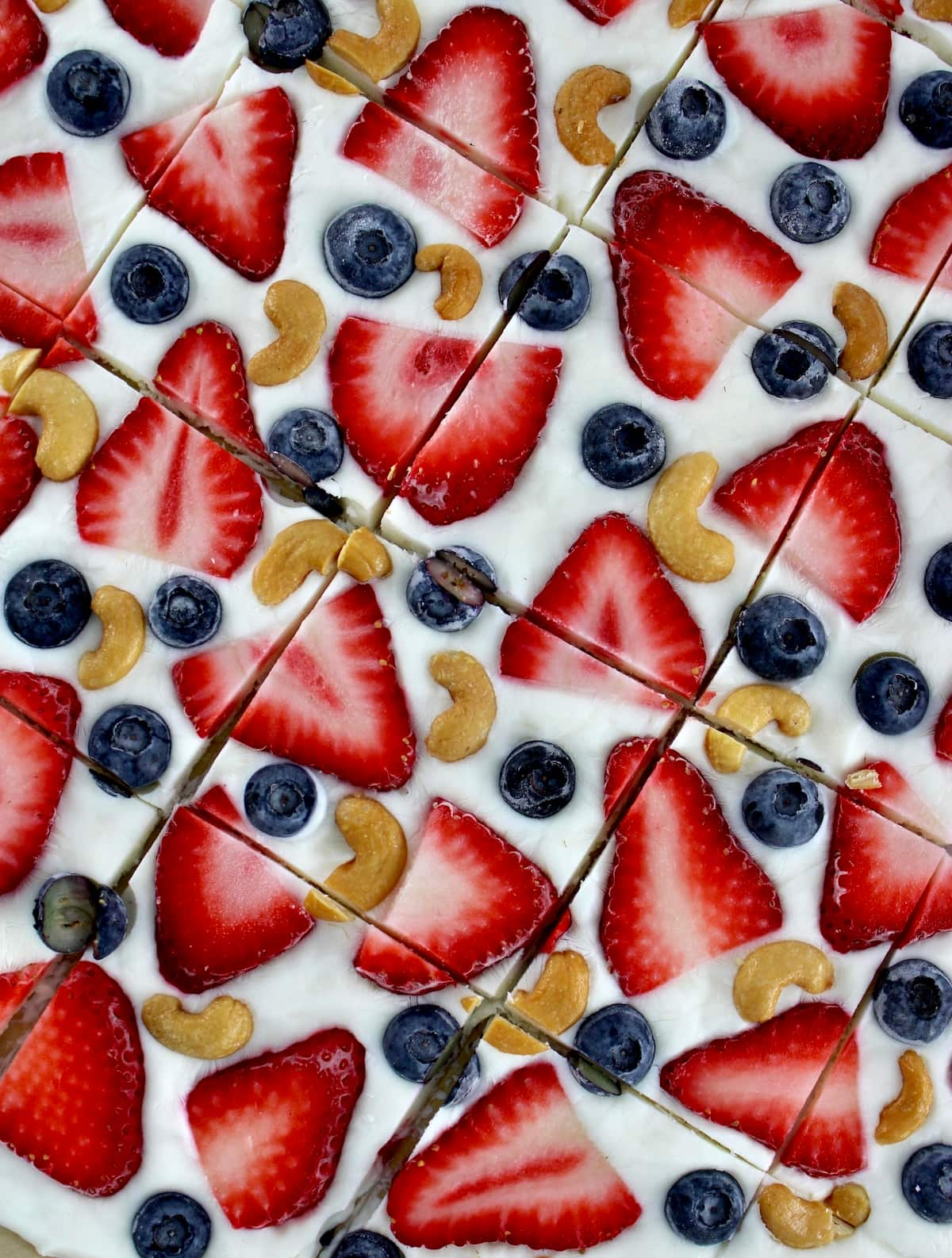 closeup of Frozen Yogurt Berry Bark cut into pieces