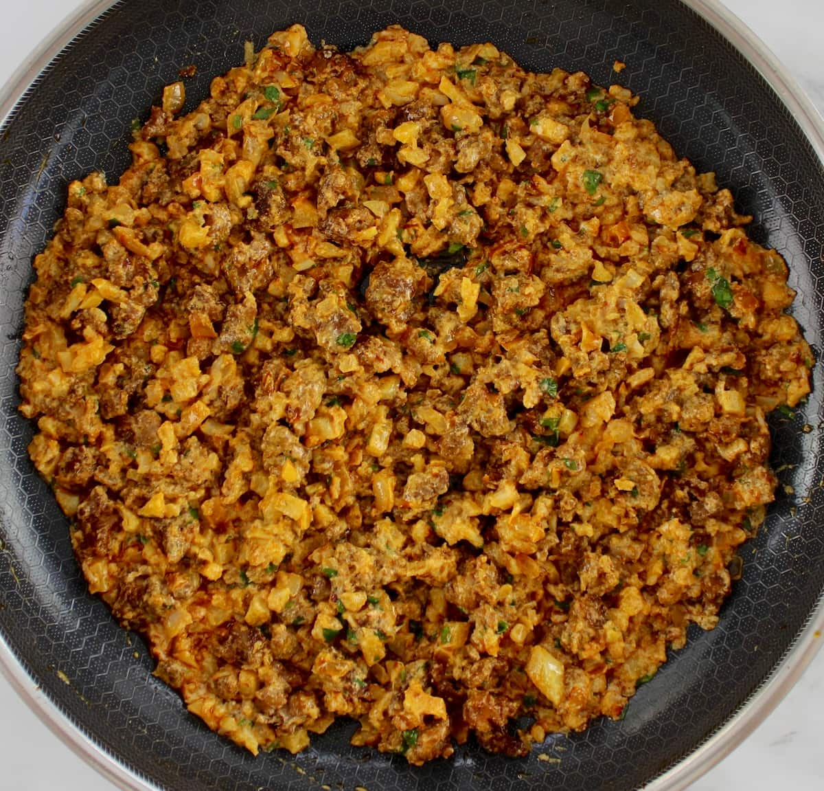 Stuffed Poblano Peppers stuffing in skillet