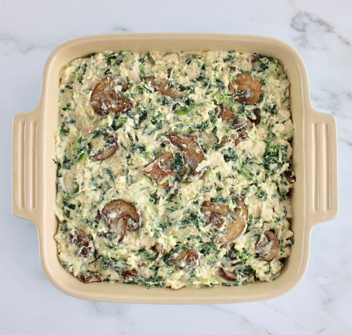 Chicken Alfredo Casserole in baking dish unbaked