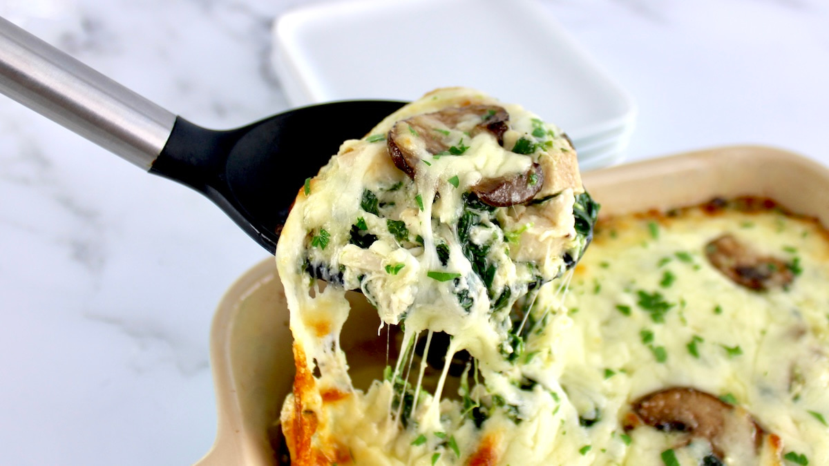 Chicken Alfredo Casserole being scooped of of casserole dish