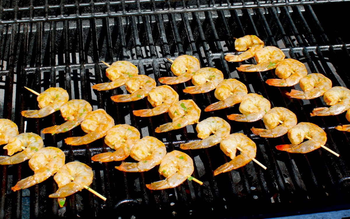 Lime Cilantro Shrimp Skewers on grill