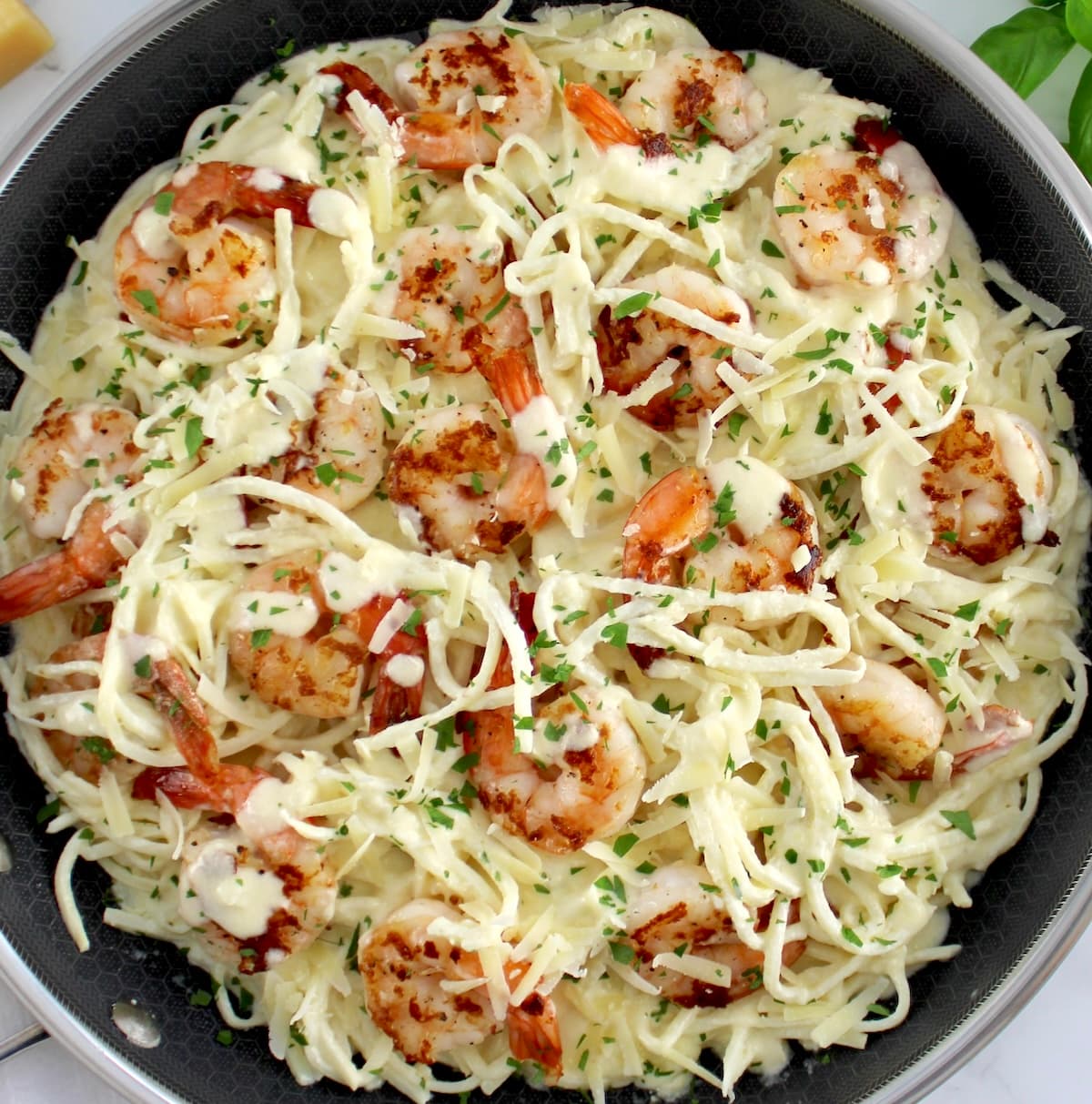 Keto Shrimp Alfredo in skillet