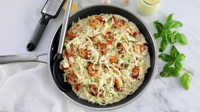 overhead view of Keto Shrimp Alfredo in skillet