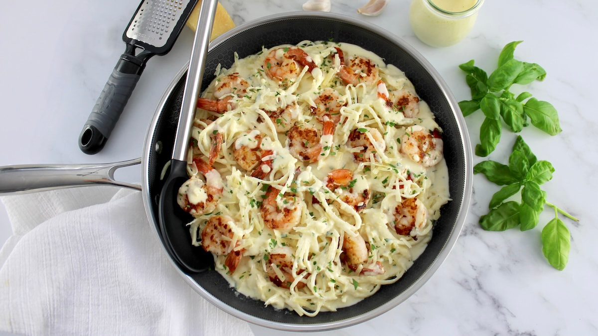overhead view of Keto Shrimp Alfredo in skillet