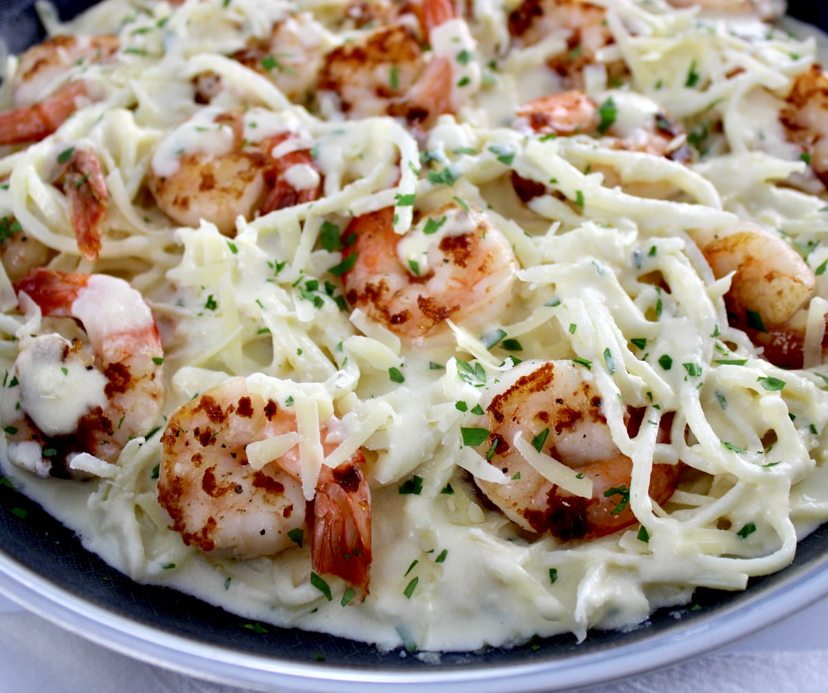 closeup of Keto Shrimp Alfredo in skillet