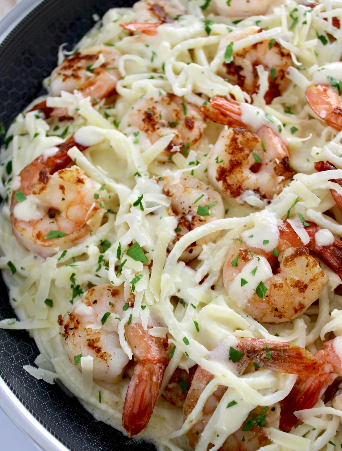 closeup of Keto Shrimp Alfredo in skillet